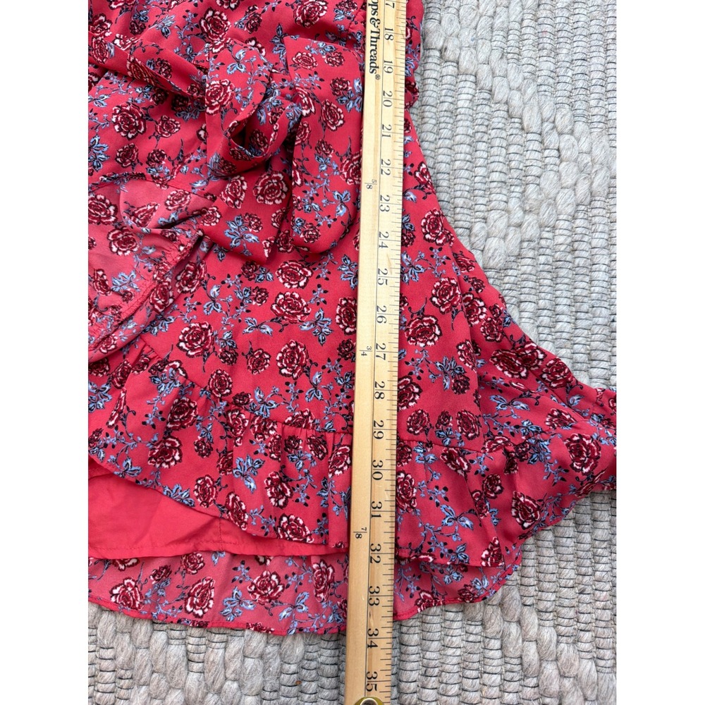 Jack by BB Dakota Wrap Dress Women Size 4 Red Floral Flutter Sleeve Ruffle Mini - Picture 8 of 9